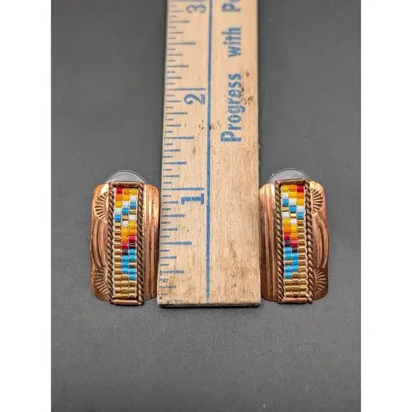 Vintage Navajo GW Stamped Copper Beaded Stud Earrings Southwestern Sunset Palett - Picture 4 of 6